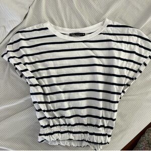 Zara Navy and White Striped Short Sleeve Top